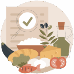 Illustration d’aliments variés et de repères nutritionnels.