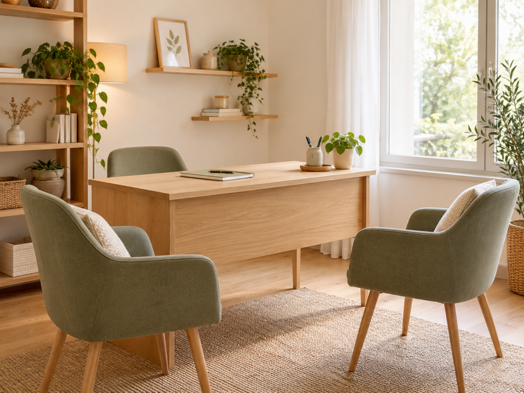 Illustration d’un espace de consultation lumineux, avec un bureau en bois, des fauteuils verts et des plantes.