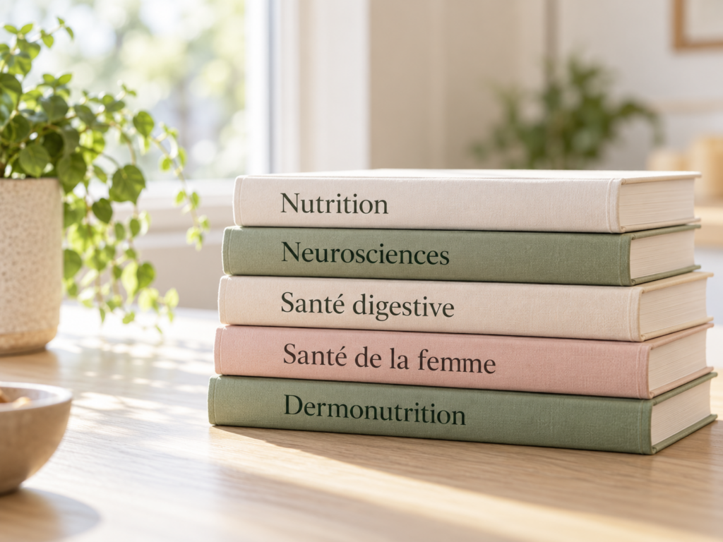 Des livres consacrés à la nutrition, aux neurosciences, à la santé digestive, à la santé de la femme et à la dermonutrition.