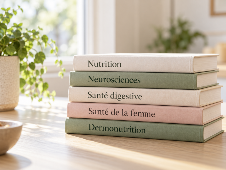 Des livres consacrés à la nutrition, aux neurosciences, à la santé digestive, à la santé de la femme et à la dermonutrition.