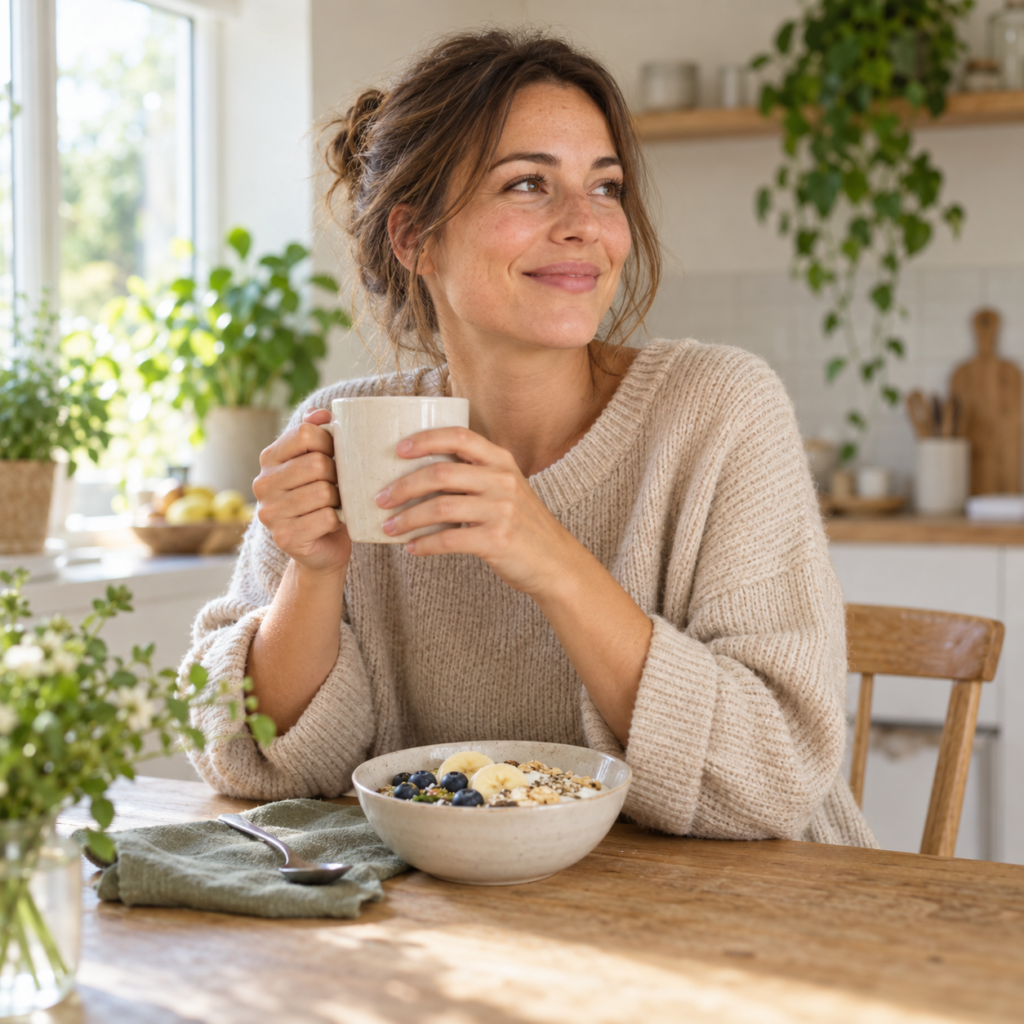 Une femme prend un moment calme autour d’un petit-déjeuner, dans une cuisine lumineuse.