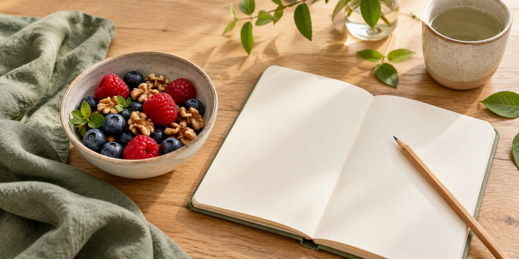 Un bol de fruits rouges et de noix à côté d’un carnet ouvert sur une table en bois.