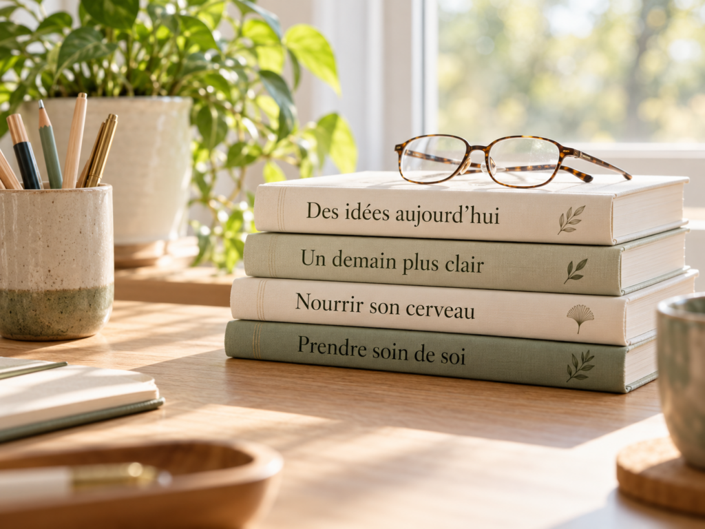 Des livres, une paire de lunettes et des crayons sur un bureau lumineux, pour évoquer la mémoire et les apprentissages.