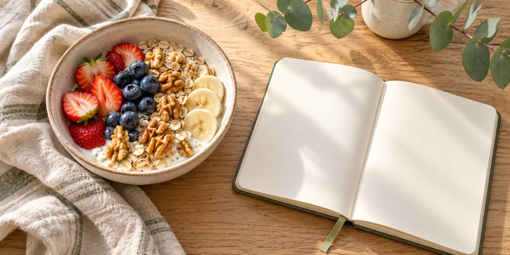Un bol de fruits, de flocons d’avoine et de noix à côté d’un carnet sur une table en bois.