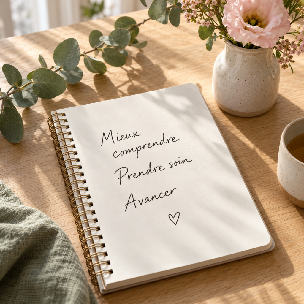 Un carnet porte les mots « Mieux comprendre, Prendre soin, Avancer », à côté de fleurs et de feuilles d’eucalyptus.