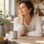 Une femme dans un pull crème prend un moment pour elle, près d’une fenêtre et de plantes.