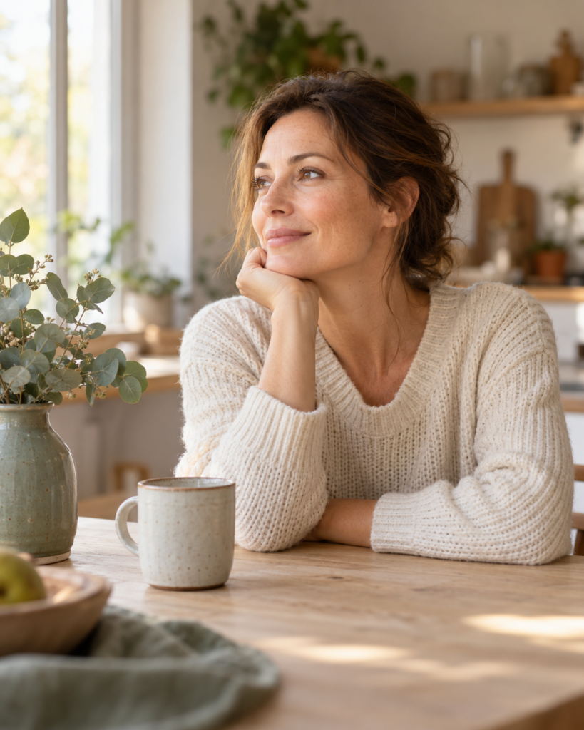 Une femme dans un pull crème prend un moment pour elle, près d’une fenêtre et de plantes.
