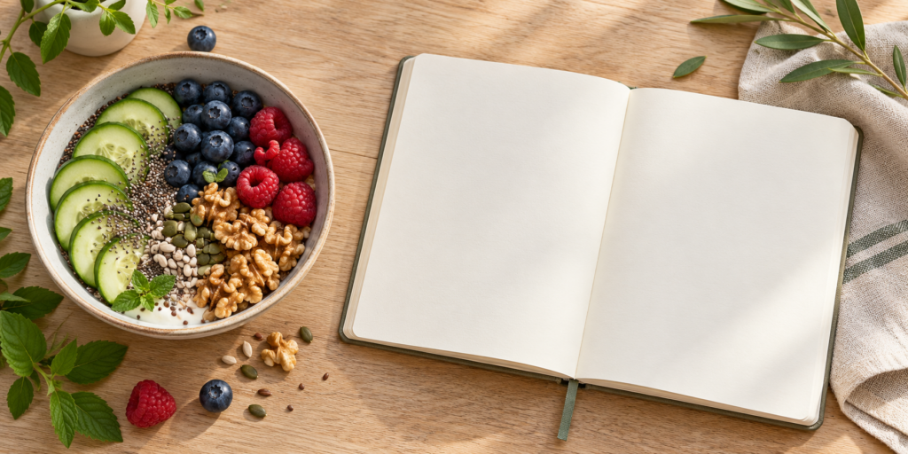 Un bol de fruits, de concombre, de noix et de graines, à côté d’un carnet sur une table en bois.