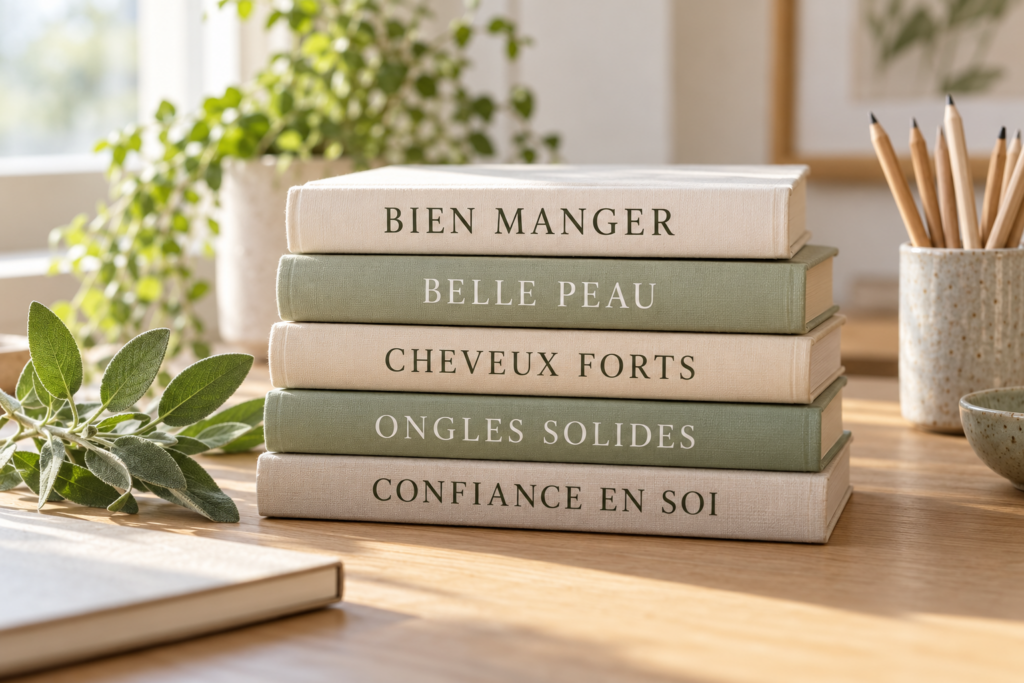 Des livres portant les titres Bien manger, Belle peau, Cheveux forts, Ongles solides et Confiance en soi.