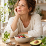 Une femme près d’une fenêtre, avec un bol de fruits, un avocat et un verre d’eau aromatisée sur la table.