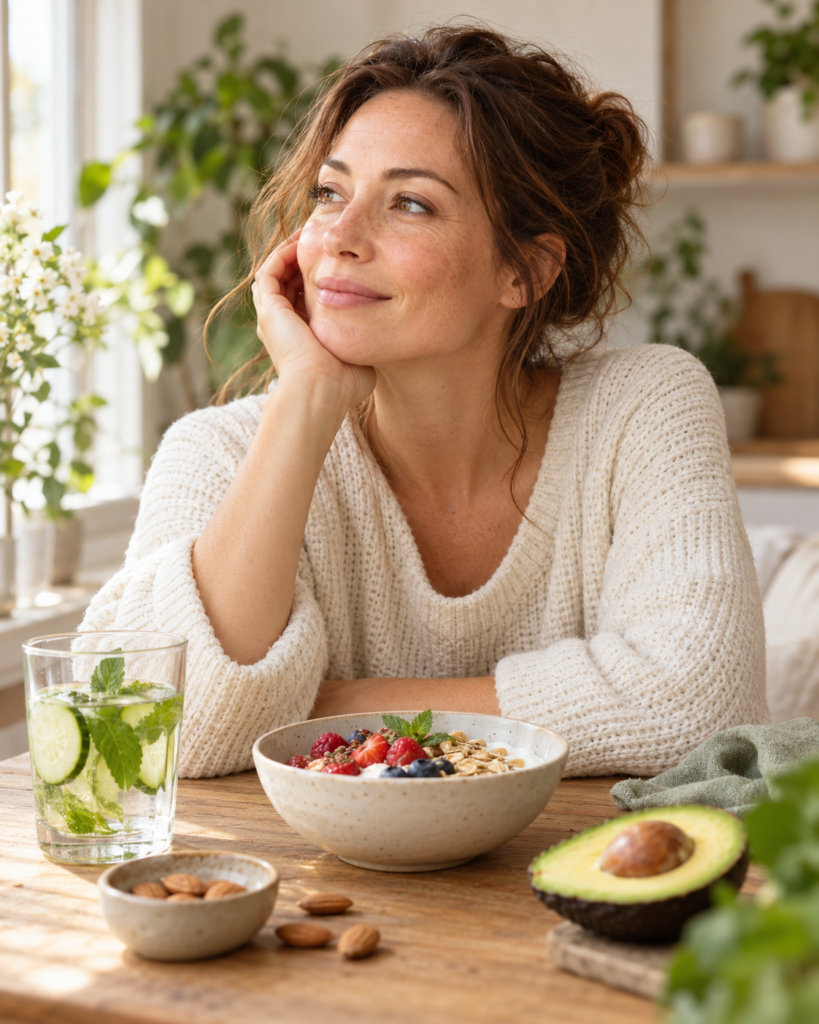 Une femme près d’une fenêtre, avec un bol de fruits, un avocat et un verre d’eau aromatisée sur la table.