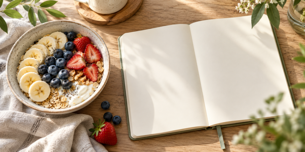 Un bol de flocons d’avoine, de yaourt et de fruits à côté d’un carnet ouvert sur une table en bois.