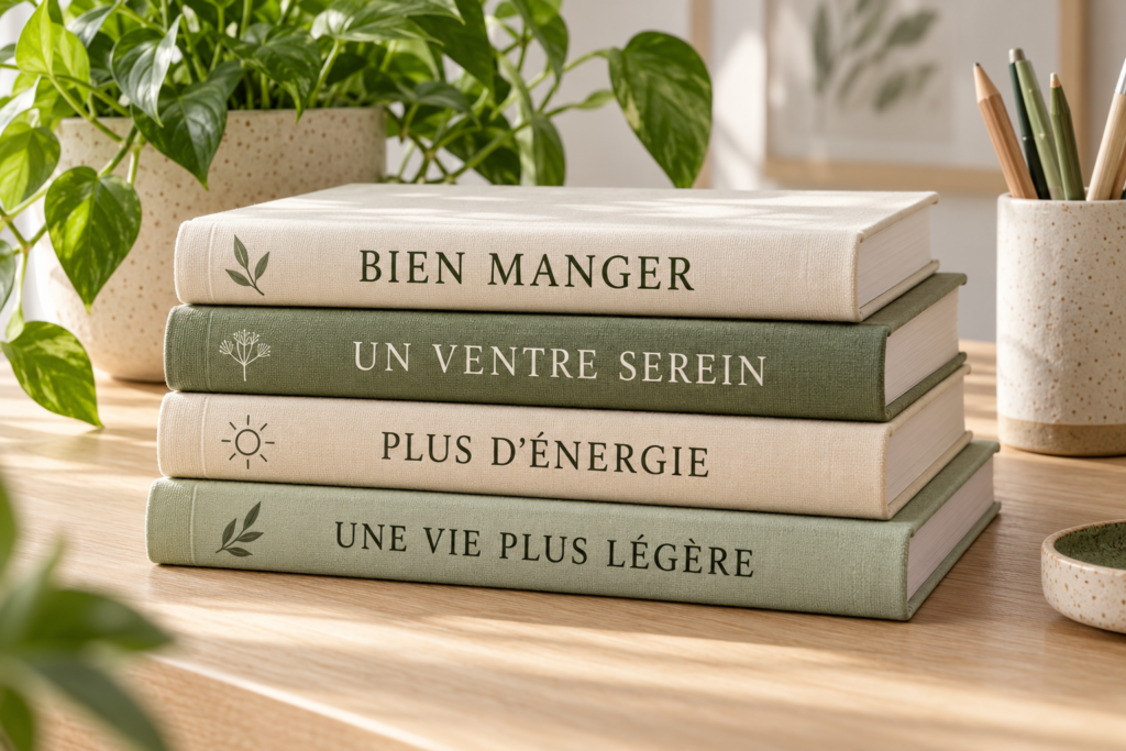 Quatre livres portant les titres Bien manger, Un ventre serein, Plus d’énergie et Une vie plus légère.