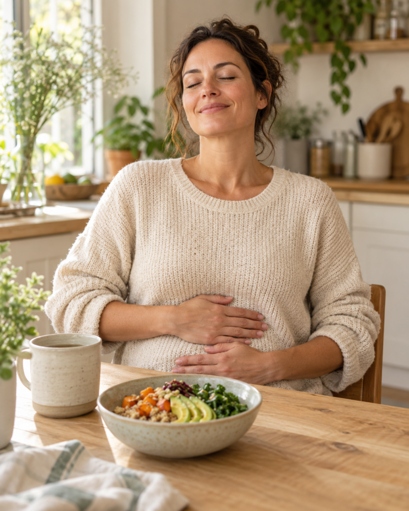 Une femme prend un moment de détente après un repas, les mains posées sur le ventre, dans une cuisine lumineuse.
