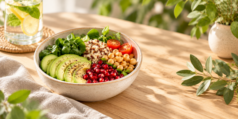 Un bol de légumes, pois chiches, quinoa et avocat, accompagné d’un verre d’eau.