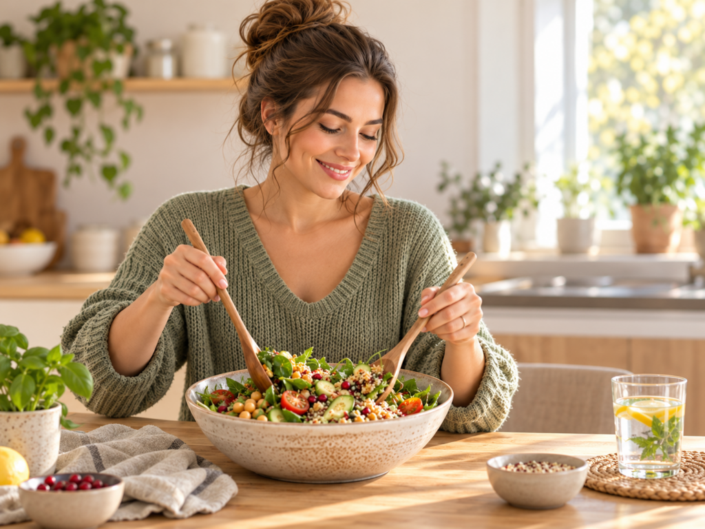 Une femme prépare une salade de légumes, de pois chiches et de céréales dans une cuisine lumineuse.