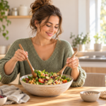 Une femme prépare une salade de légumes, de pois chiches et de céréales dans une cuisine lumineuse.