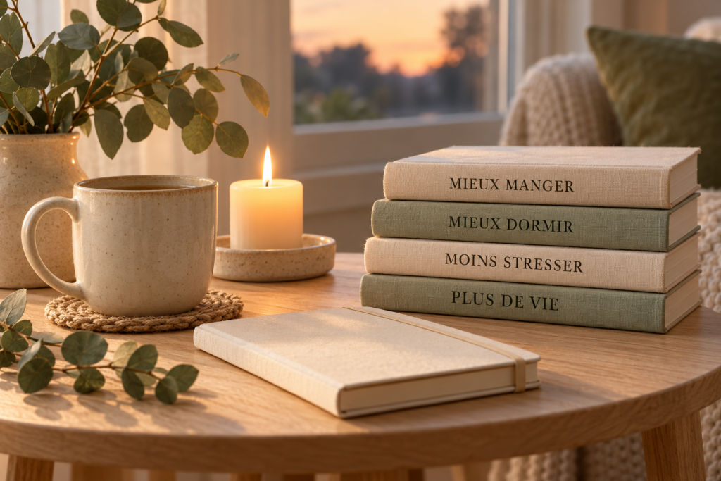Une tasse, une bougie et quatre livres intitulés Mieux manger, Mieux dormir, Moins stresser et Plus de vie.