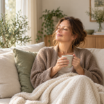 Une femme se repose sur un canapé, une tasse entre les mains, dans une ambiance douce et lumineuse.