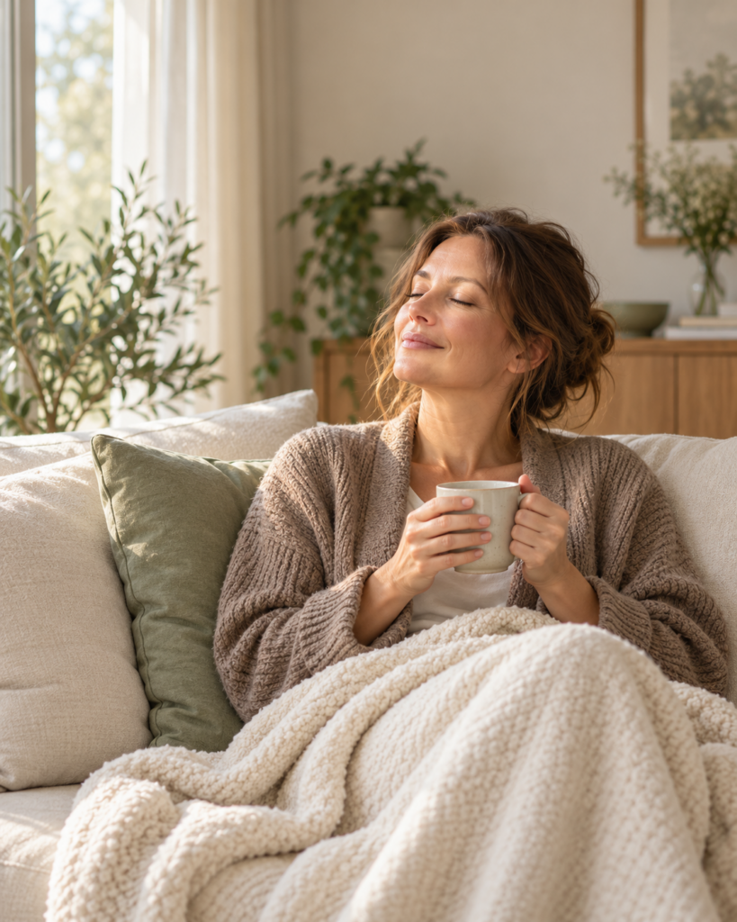Une femme se repose sur un canapé, une tasse entre les mains, dans une ambiance douce et lumineuse.