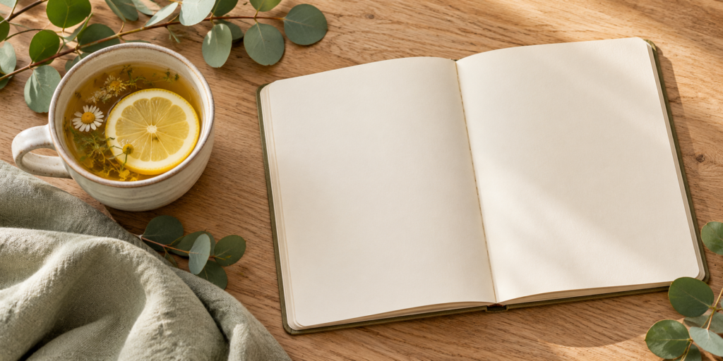 Une infusion au citron à côté d’un carnet ouvert, sur une table en bois avec des feuilles d’eucalyptus.